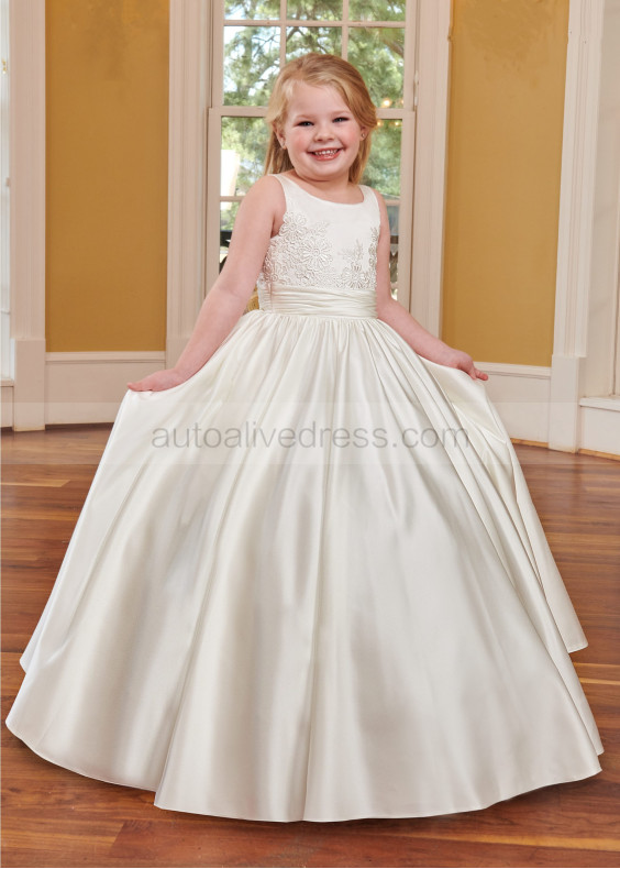 Ivory Lace Satin Floor Length Latest Flower Girl Dress